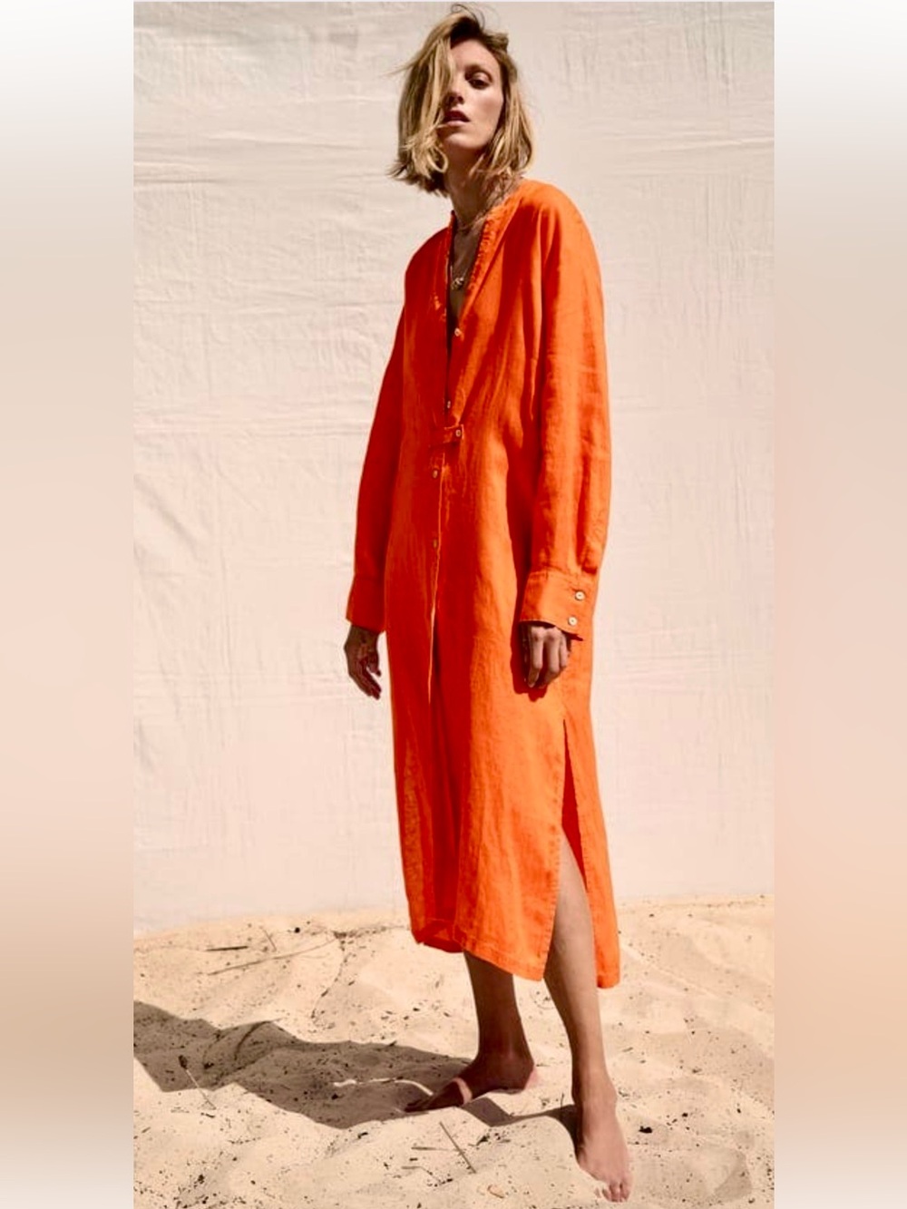 Zara Linen Vibrant Orange Long Sleeve Maxi Dress